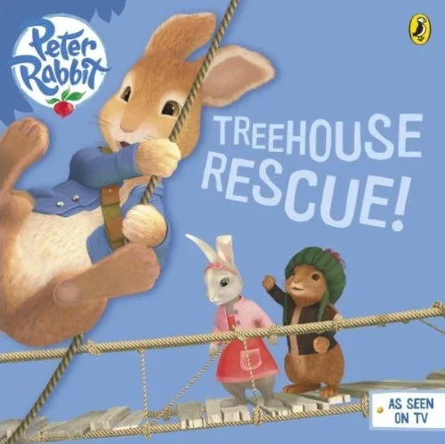 Book cover of 'Treehouse Rescue!' featuring Peter Rabbit and friends on a rope bridge.