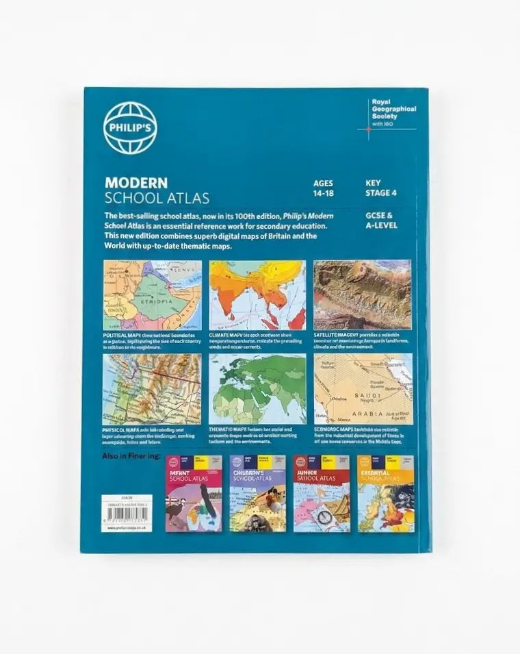 Philips Modern School Atlas GCSE and A-Level Geography book cover, featuring a teal blue background with multiple educational map previews and a barcode at the bottom.