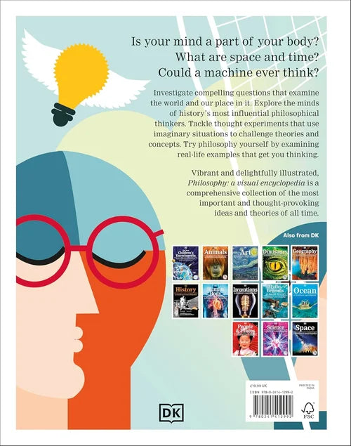 Book cover with a stylized illustration of a person wearing glasses, a light bulb, and text about philosophy and education.
