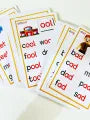 Set of flashcards with pictures and text on a white background