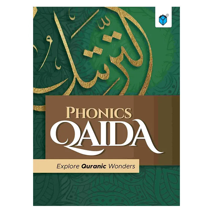 Book cover of 'Phonics Qaida' with Arabic calligraphy and a green background