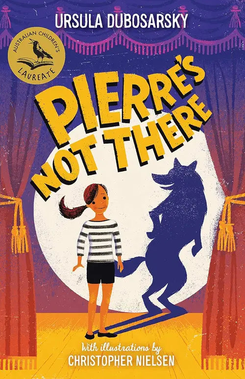 Book cover of 'Pierre's Not There' with a child and wolf shadow, set against a curtain backdrop.