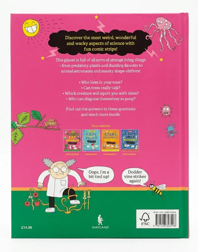 Back cover of a children's book with illustrations and text on a pink and green background