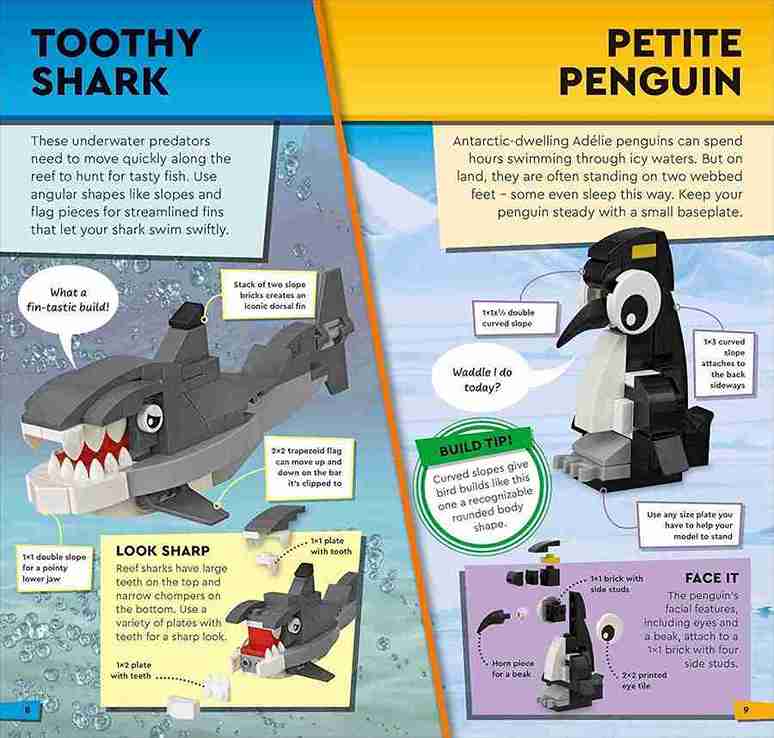 Educational illustration of a shark and penguin with building instructions.