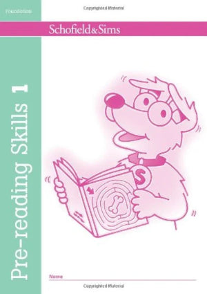 Book cover of 'Pre-reading Skills 1' by Schofield & Sims with a cartoon character holding a book.