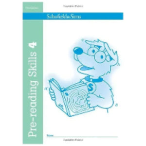 Book cover of 'Pre-reading Skills 4' by Schofield & Sims with a cartoon character holding a book.