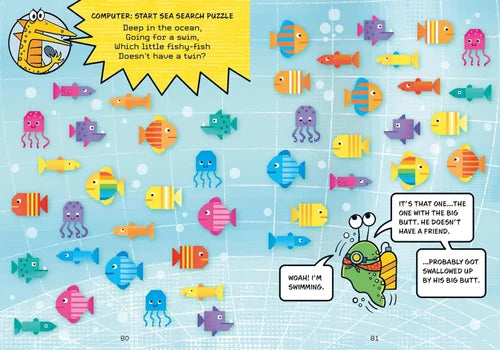 Illustrated page with colorful fish characters and a cartoon turtle on a blue background.