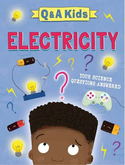 Book cover of 'Q&A Kids Electricity' with a child's face and science-themed illustrations on a blue background.