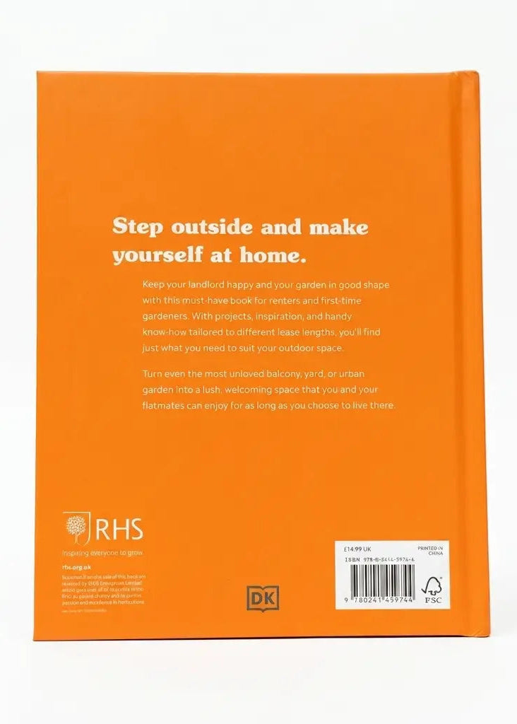 The back cover of a bright orange book, showing white text, the RHS logo, the DK logo, and a barcode, photographed against a plain white background.
