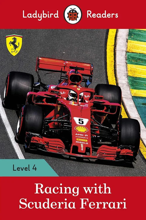 Book cover of 'Racing with Scuderia Ferrari' featuring a Formula 1 car on a racetrack.