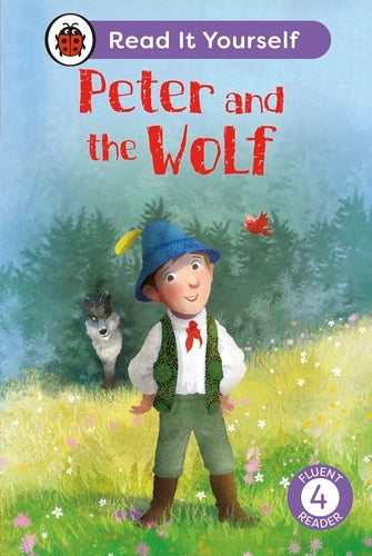 Book cover of 'Peter and the Wolf' with a boy and wolf in a forest setting.