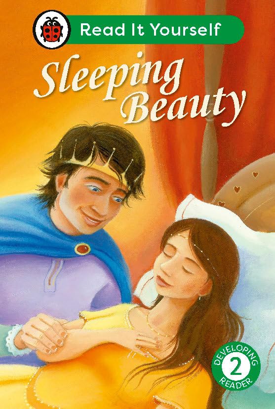 Book cover of 'Sleeping Beauty' with a prince and princess illustration on an orange background.