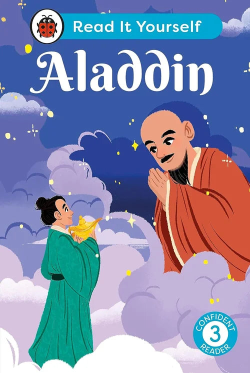 Book cover of 'Aladdin' with two characters on a cloud-themed background