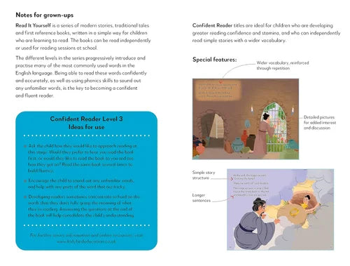 Book page with Confident Reader Level 3 text and illustrations of a woman and child in a room.