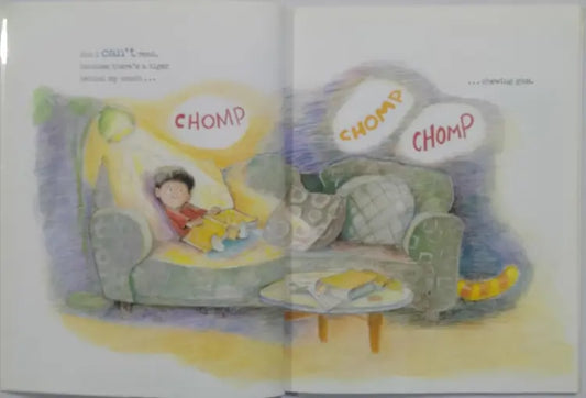 Illustration from a children's book showing a child eating from a plate with 'CHOMP' text above.