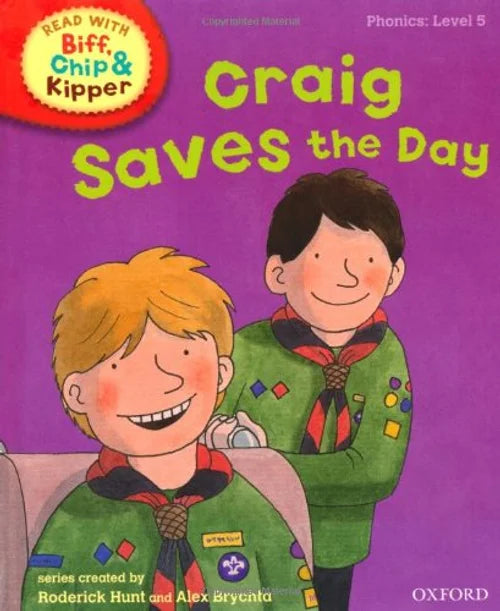Book cover of 'Craig Saves the Day' from the Biff, Chip & Kipper series with two boys in green uniforms on a purple background.