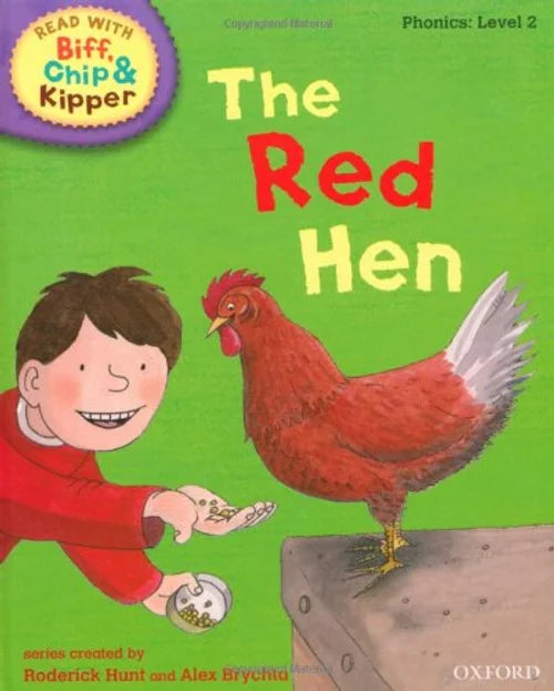 Book cover of 'The Red Hen' from the Biff, Chip, and Kipper series with a boy and rooster illustration.