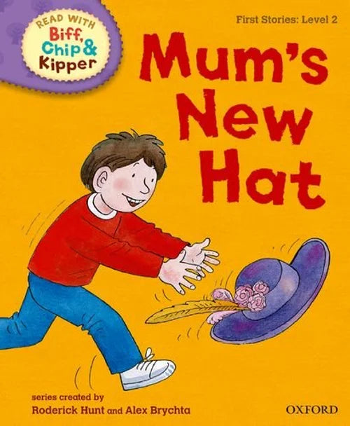 Book cover of 'Mum's New Hat' from the Biff, Chip & Kipper series with a child and hat illustration on an orange background.