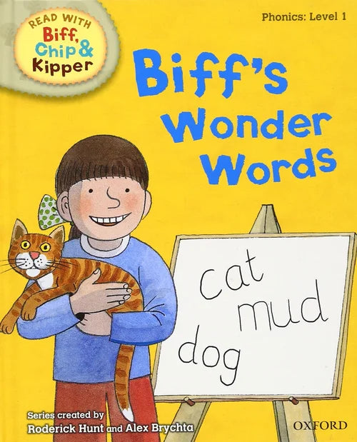 Book cover of 'Biff's Wonder Words' featuring a child holding a cat and a whiteboard with words on it, on a yellow background.