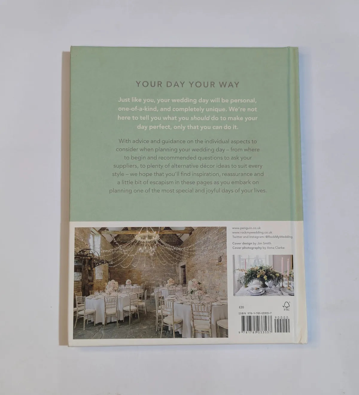 Book cover with text and images of a wedding venue on a light gray background