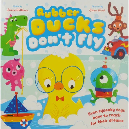 Book cover of 'Rubber Ducks Don't Fly' with colorful illustrations and text.