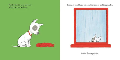 Illustration of a dog with a coat and a puddle, looking out a window at another dog in a raincoat.