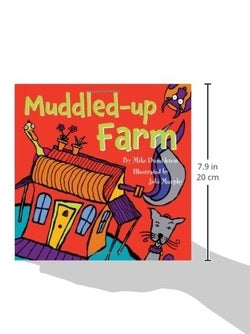 Children's book titled 'Muddled-up Farm' held by a hand with dimensions displayed.