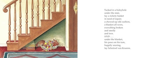 Illustration of a staircase with a basket and toys underneath, text on the right side.