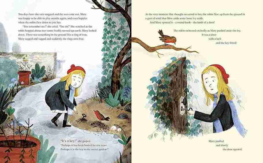 Illustrated book pages showing a girl in a garden with birds and a treehouse.