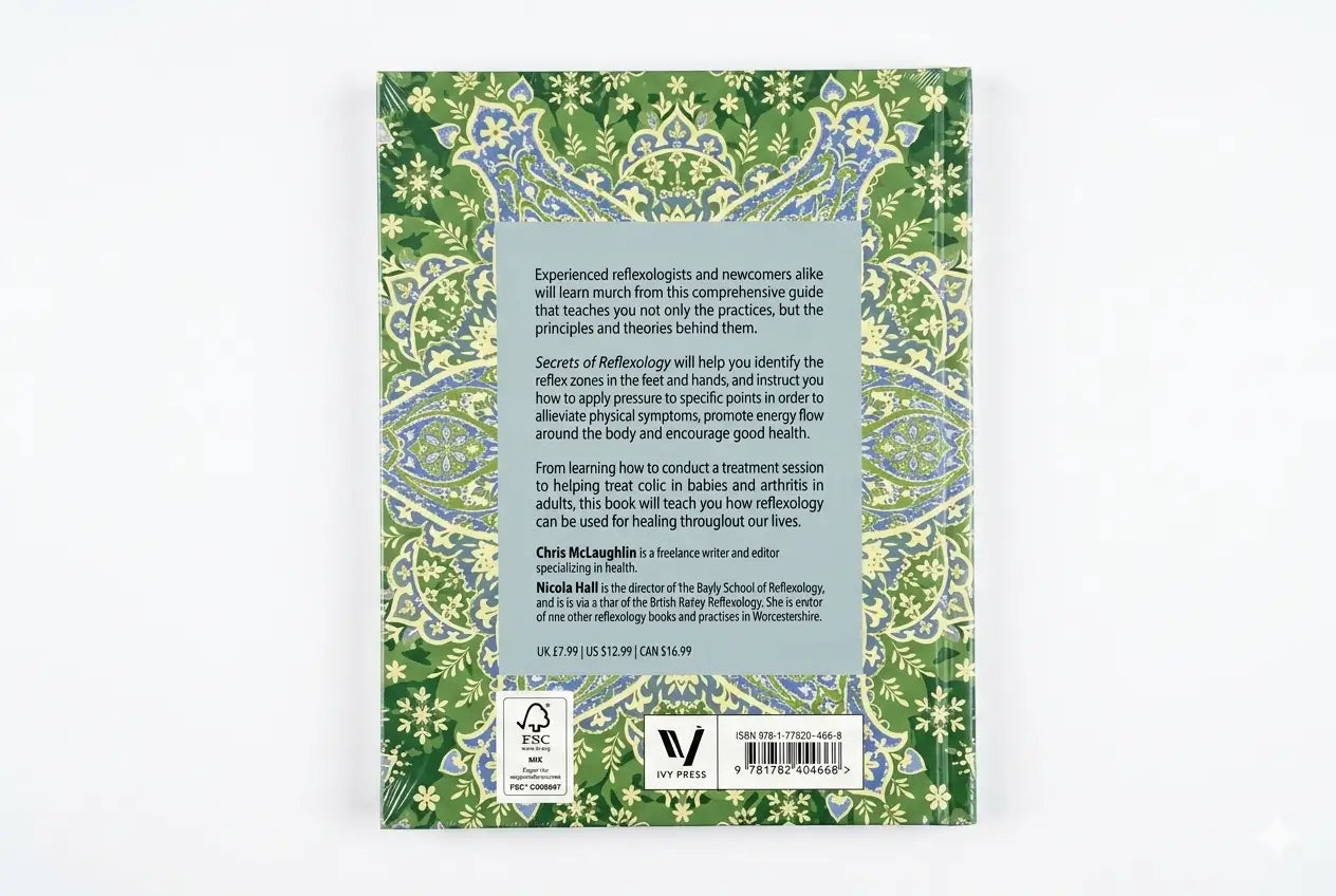 Book back cover with decorative green pattern and text on a white background