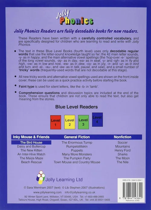 Back cover of Jolly Phonics readers with text and a list of books