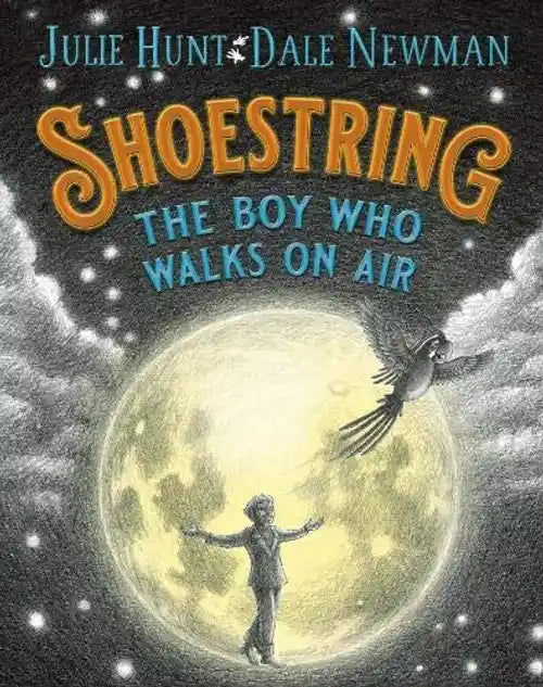 Book cover of 'Shoestring: The Boy Who Walks on Air' with a boy and bird against a moonlit sky.