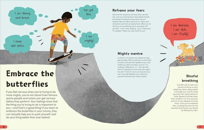 Page from a book with a child on a skateboard, motivational text, and a dog illustration.