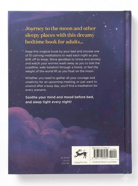Back cover of a book with text and a starry night design