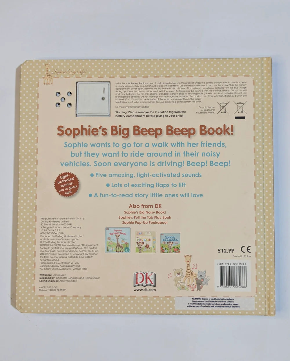 Back cover of a children's book titled 'Sophie's Big Beep Beep Book' with text and branding details.
