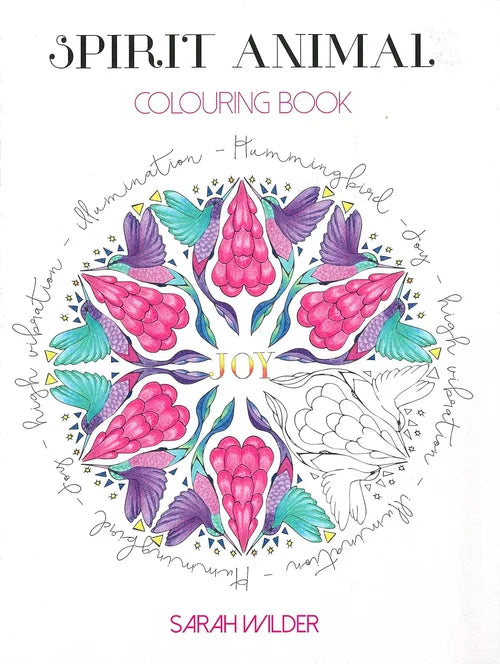 Cover of 'Spirit Animal' colouring book by Sarah Wilder with a colorful mandala design.