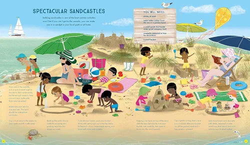 Illustration of children building sandcastles on a beach with various beach activities and equipment.