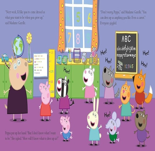 Cartoon characters in a classroom setting with educational elements.