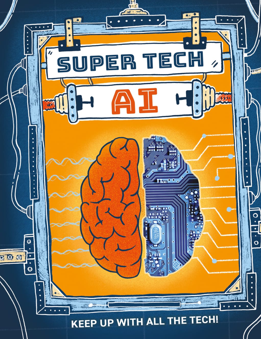 Cover of 'Super Tech AI' featuring a stylized graphic of a brain and circuitry with the title and subtitle 'Keep up with all the tech!'.