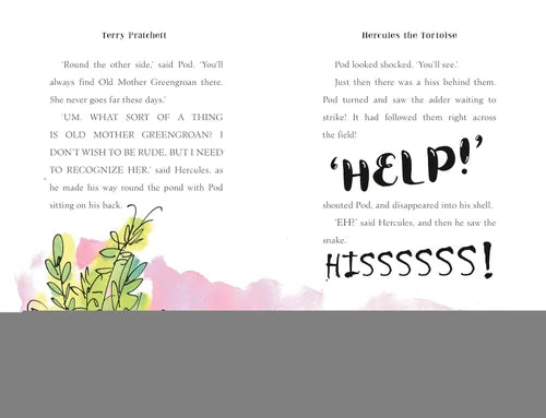Book page with text and illustrations, featuring a cartoon snake and plant.