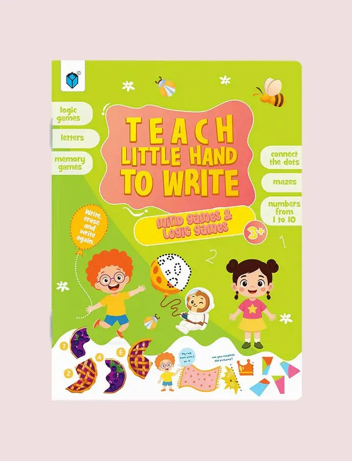 A colorful children's activity book cover titled 'TEACH LITTLE HAND TO WRITE' with cartoon illustrations of children, bees, and various spelling and writing practice elements on a light pink background.