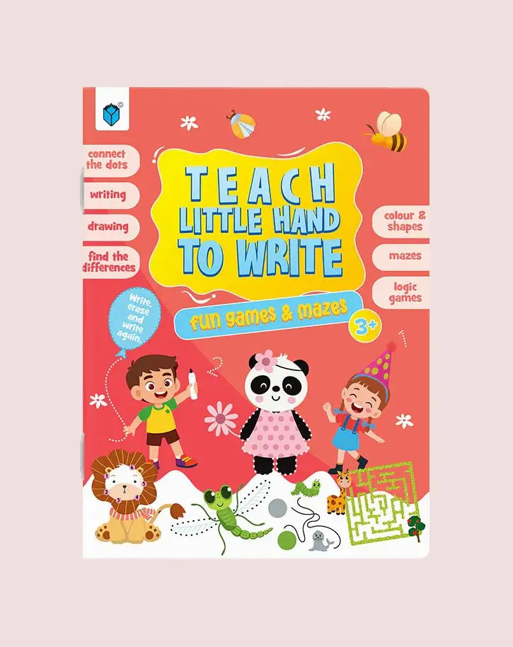 Teach Little Hand to Write Fun Games & Tricks 3+ book cover, featuring a bright coral pink background with cartoon children, a panda, a lion, bees, and playful writing-themed illustrations.
