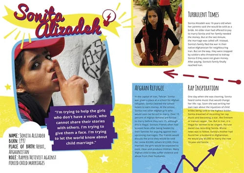 Magazine layout featuring Sonita Alizadeh with text and graphics about her life and work.