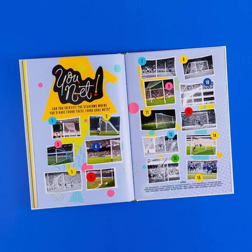 Open book with images of soccer goals and colored circles on a blue background