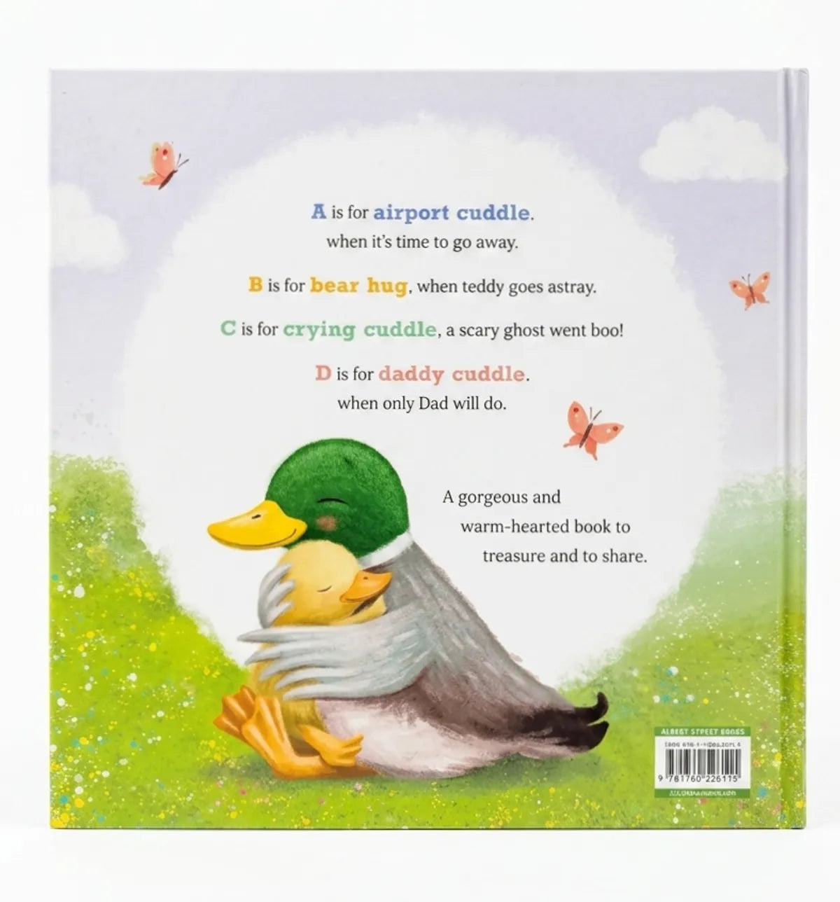 Book cover with a duck and duckling embracing, set against a sky and grass background.
