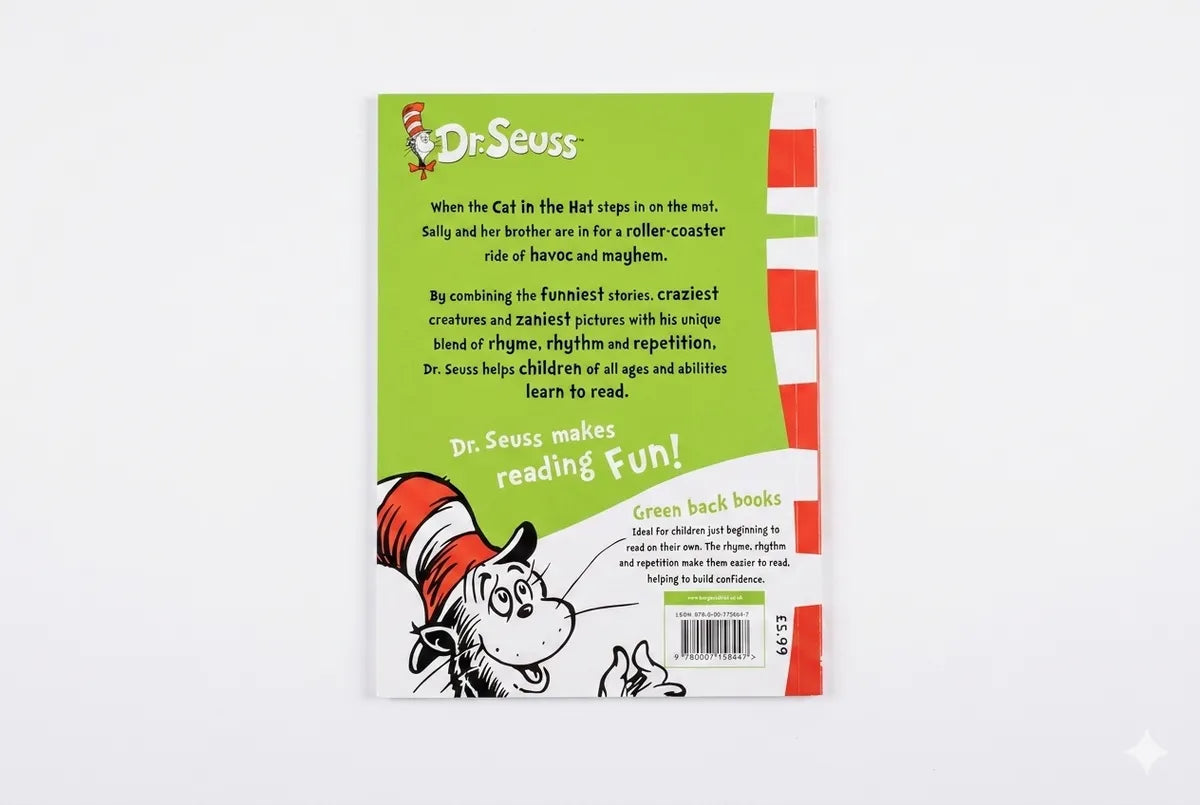 Back cover of a Dr. Seuss book with green background and cat in the hat illustration.