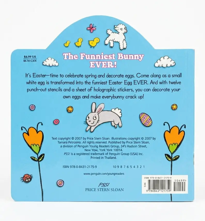Back cover of a children's book with Easter-themed illustrations and text.