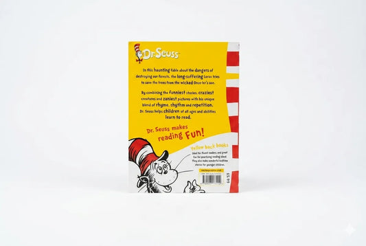 Back cover of a Dr. Seuss book with yellow background and character illustration.