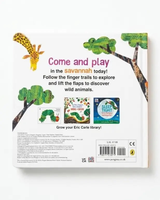 The back cover of a children's book or activity booklet on a white background. The cover features colorful illustrations of a giraffe, tree trunks, green leaves, and text reading 'Come and play in the savannah today!' with small inset images of other book covers.