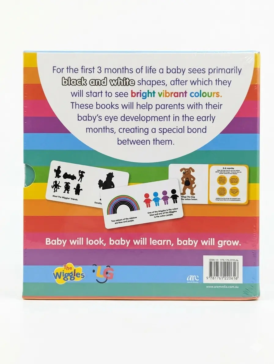 Back cover of a children's book with colorful design and text about baby development and learning.